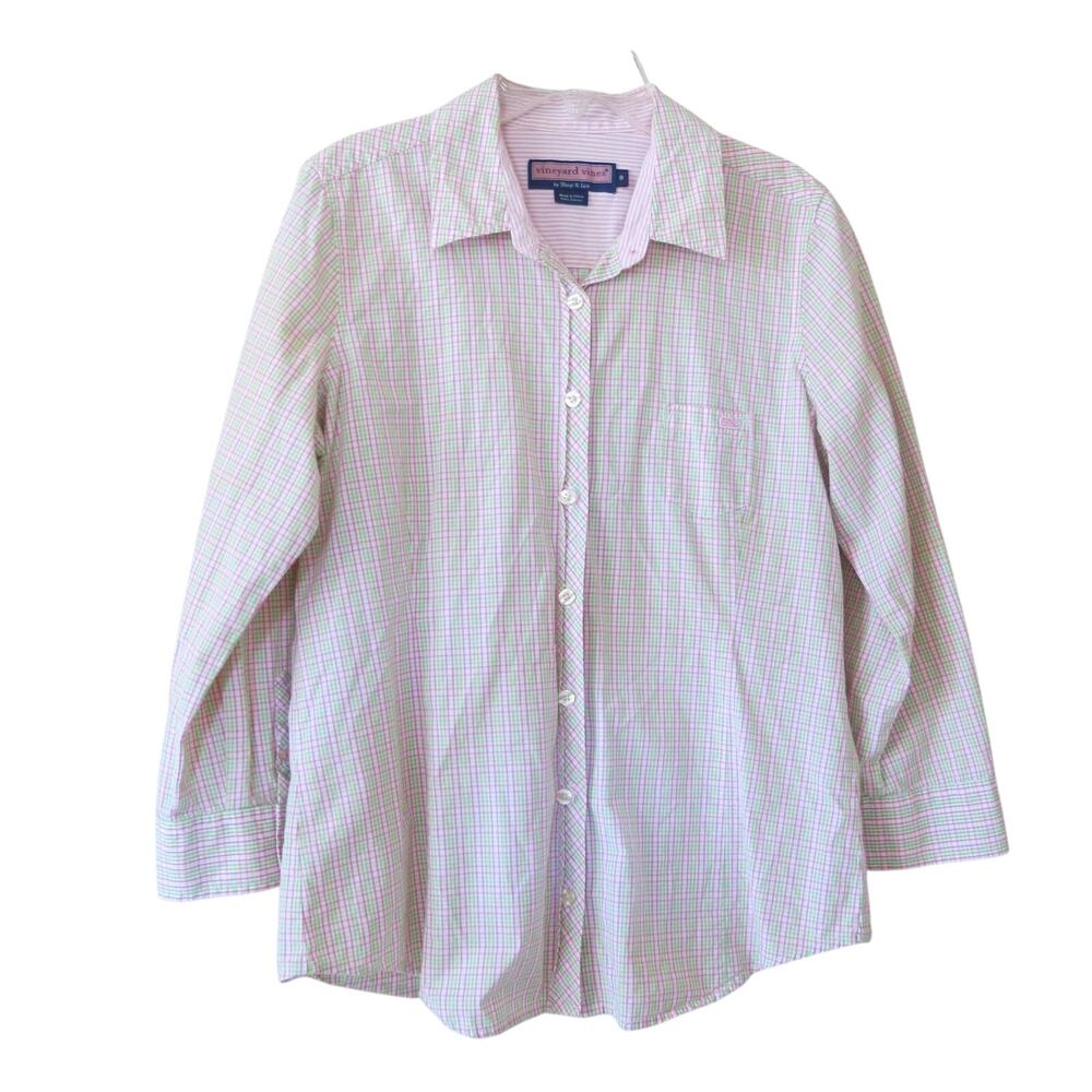 VINEYARD VINES Button Down Shirt Size 8 Women's Long Sleeve Casual White Plaid
